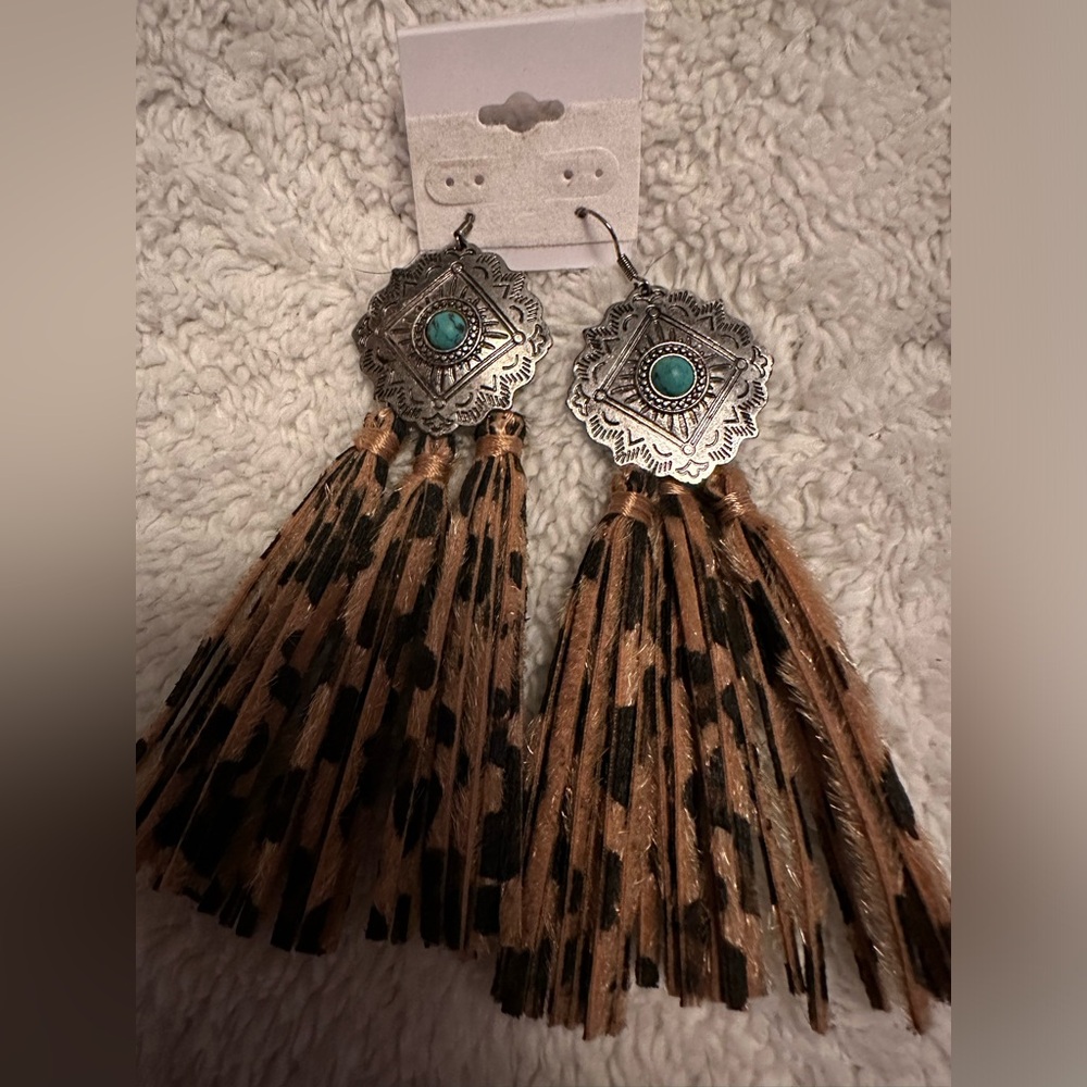 Turquoise- Silver Leopard Fringe Earrings
